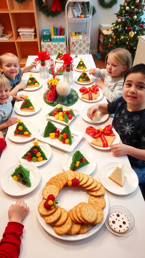 A colorful spread of Christmas party foods for kids, including tree-shaped sandwiches, fruit skewers, and festive cookies.